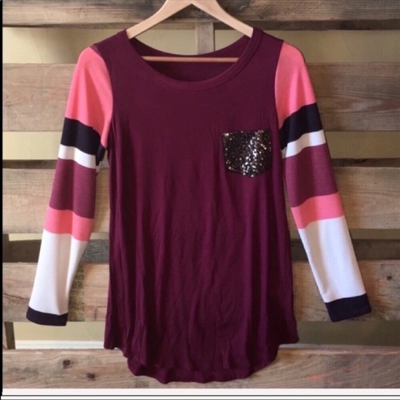 Sequined Pocket Long Sleeve Colorblock Blouse - Picture 4 of 5